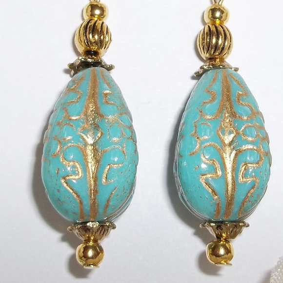 Earrings, Turquoise Earrings, Turquoise Blue and Gold Earrings, Earring Set 7768 - Picture 7 of 10